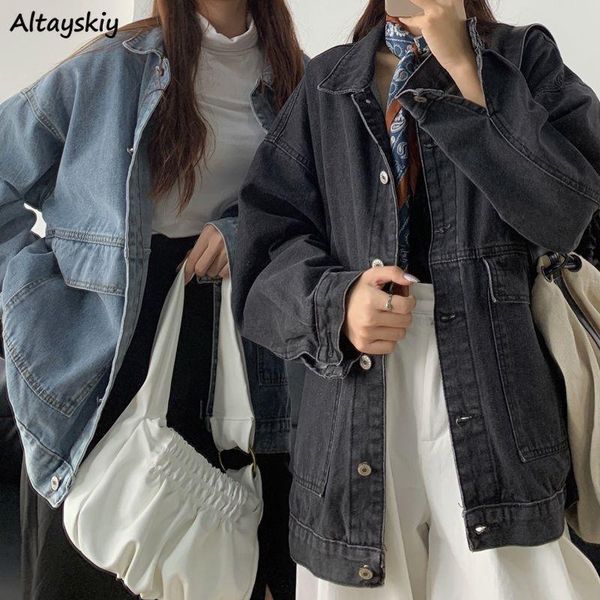 

women's jackets autumn long sleeve denim jacket women big pockets harajuku retro students bf baggy outerwear all-match single breasted, Black;brown