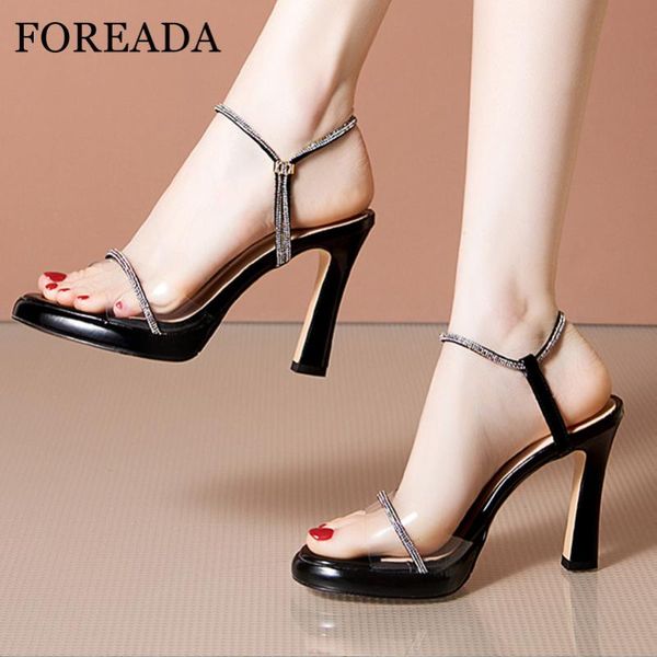 

sandals women shoes real leather platform block extreme high heels transparent summer crystal lady party, Black