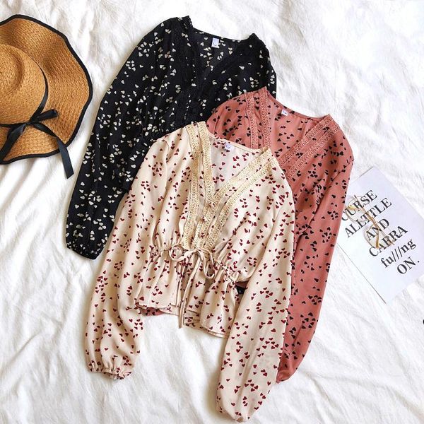 

women's blouses & shirts 2021 women lantern sleeve v-neck lace up bandage ruffles shirt casual short slim high waist love heart pullove, White