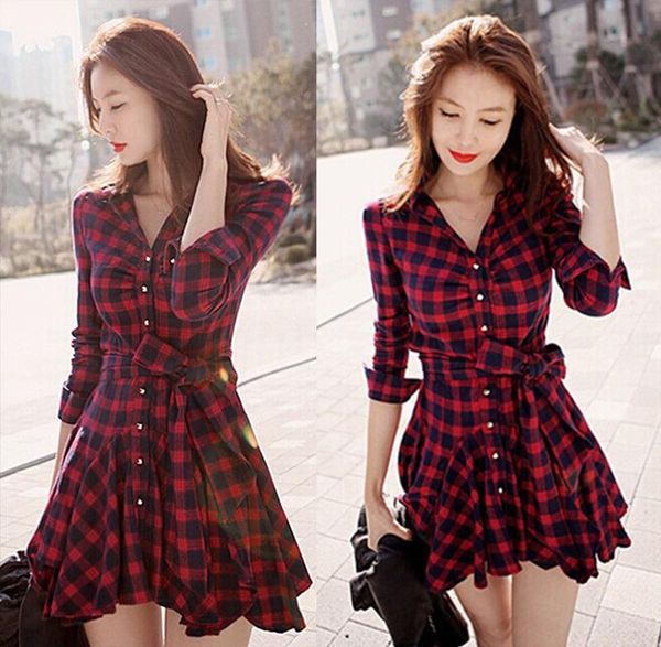 

autumn winter women womens dresses red casual retro long sleeve high waist double layer mini dress plaid, Black;gray