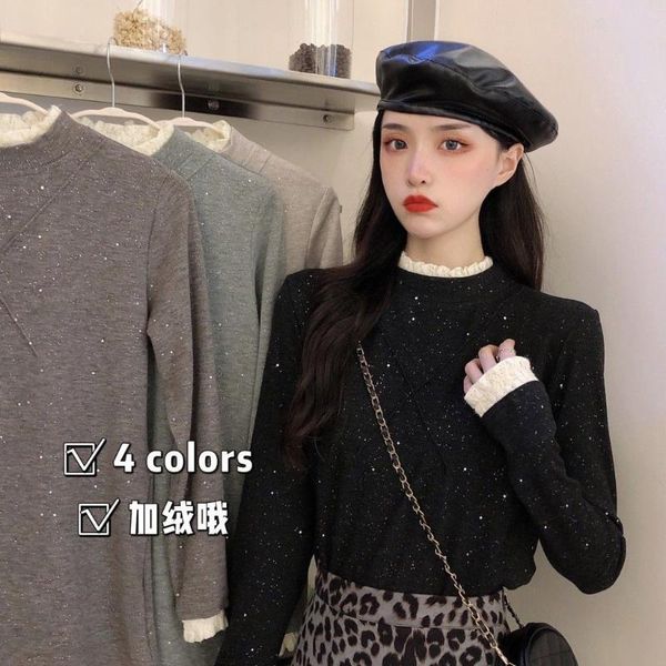 

women's t-shirt woman tshirts turtleneck lace long-sleeved mujer camisetas, White