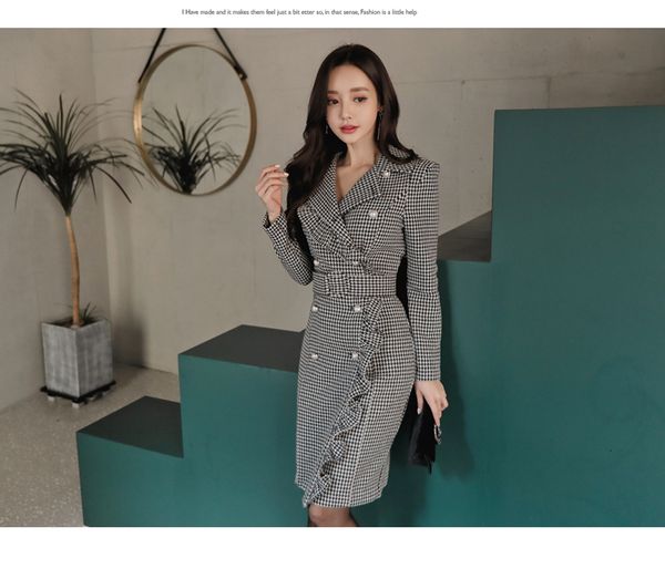 

mermaid women es plus size party midi winter double-breasted long sleeve ruffles bodycon houndstooth office, Black;gray
