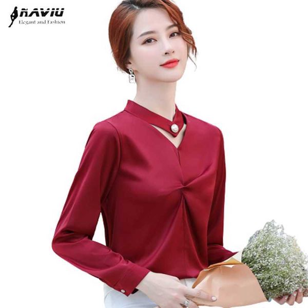 

chiffon satin shirt women spring long sleeve fashion wild v neck blouses office laddies casual loose work 210604, White