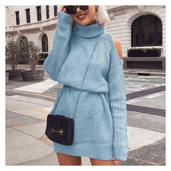 Turtleneck Knitwear Vestidos Mulheres Outono Casual Moda Escritório Lady Off Ombro Feminino Inverno Manga Longa Midi Camisola Vestido G1214