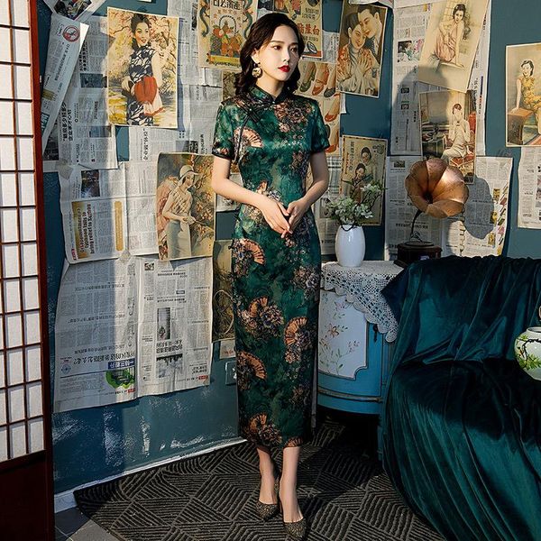 

ethnic clothing lady long high split qipao mandarin collar chinese prom party dress gown green print flower satin cheongsam sheath vest, Red