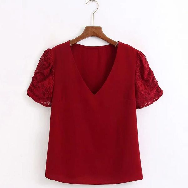 

women's blouses & shirts 2021 women fashion v neck lace short sleeve patchwork chiffon blouse office ladies casual slim shirt chic blus, White