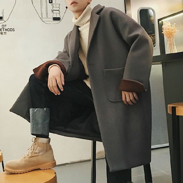 

men's trench coats fashion men thick warm blend woolen overcoat autumn winter loose windbreaker jacket boys grey oversized long wo, Tan;black