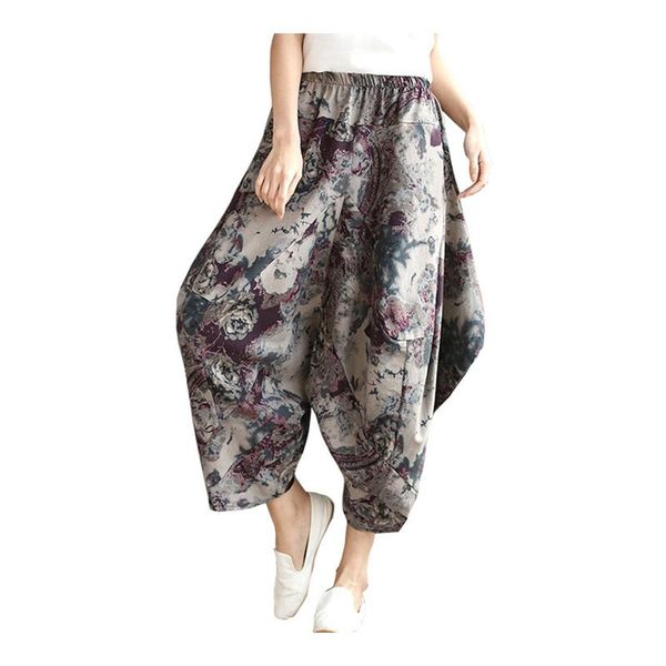 

women's pants & capris johnature women vintage 2021 summer cotton linen elastic waist comfortably print floral geometric harem, Black;white