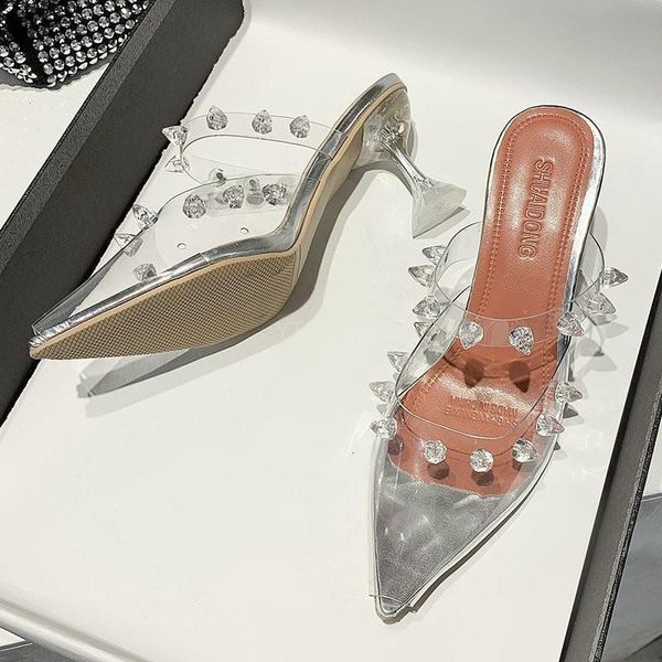 

2021women pumps transparentslippers shoes pointed clear crystal high heel stilettos summer slippers, Black