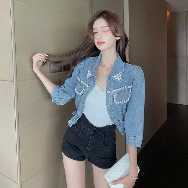 

women's jackets 2021 autumn women casual loose short female coats basic turn-down collar jacket beaded denim, Black;brown