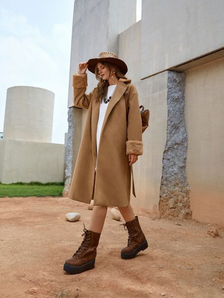 

lapel neck drop shoulder fuzzy cuff belted overcoat p6l0#, Black