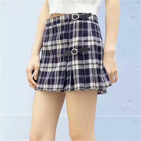 

han edition of restoring ancient ways of tall waist jk show thin pleated skirt style female college son buckle skirts 210923, Black