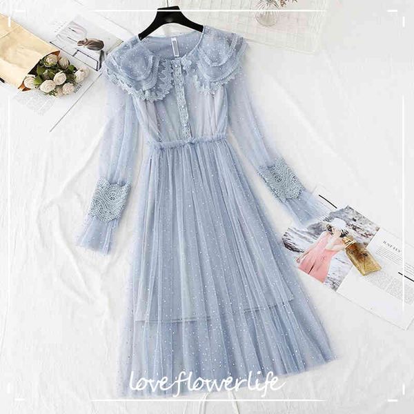 

two piece women dress spring vintage sweet long sleeve lace mesh dresses female elastic waist long party dress vestidos 210521, Black;gray