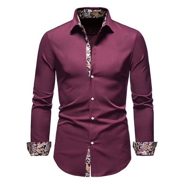 Vinho Vermelho Paisley Mens Camisa Patchwork Slim Manga Longa Camisas Casuais Casuais Homens Print Work Negócios Camisa Camisa Spring Marca 210524