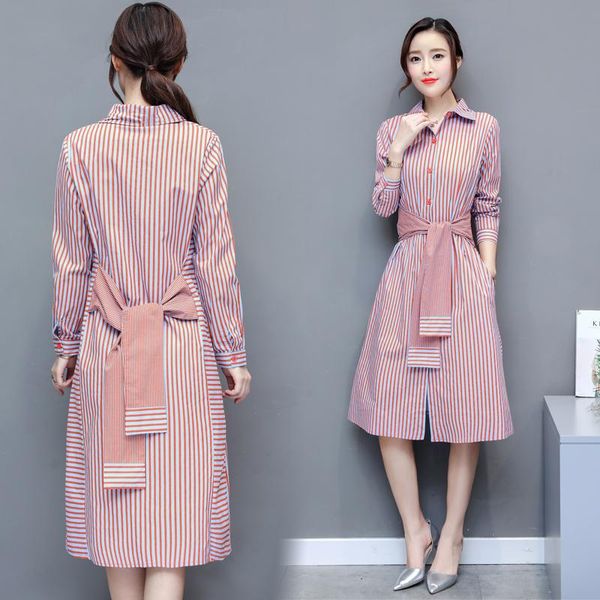 

casual dresses autumn outfit women's clothing stripe print dress long-sleeved shirt collar vestidos korean fashion office lady, Black;gray