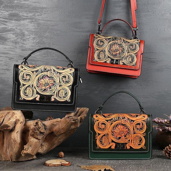 

evening bags high-end hand carved chinese wind cowhide leather retro luxury handbags women bag large capacity handmade shoulder