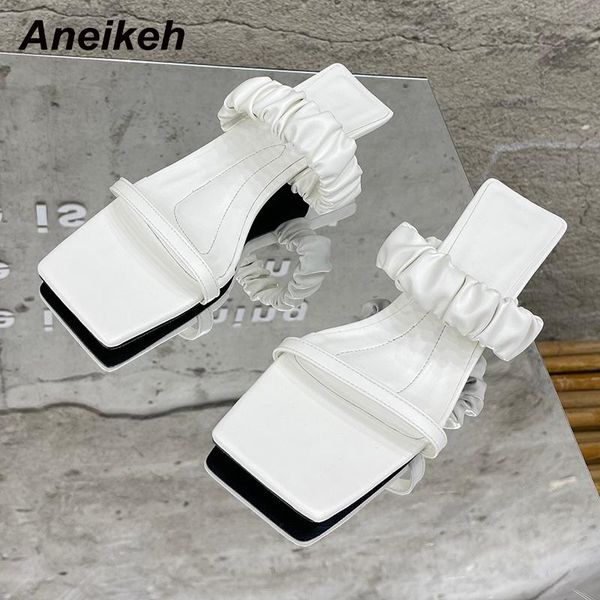 

aneikeh women shoes summer fashion pleated shallow pu slides solid outside thin heels concise casual apricot white size 35-40 slippers, Black