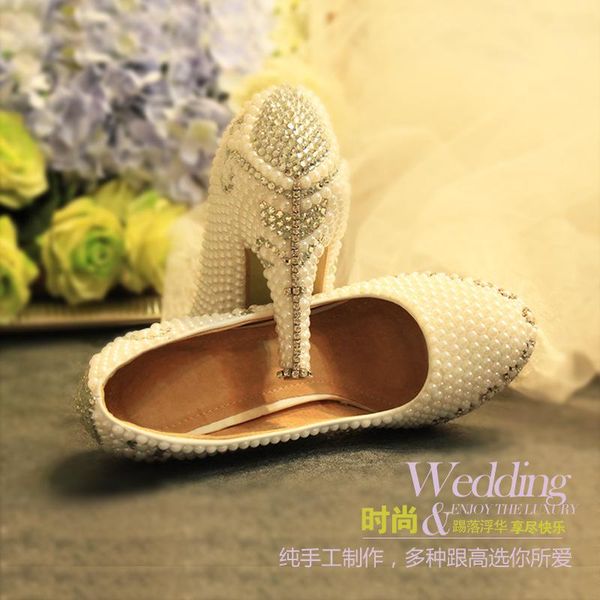 

round head, shallow mouth pearl water diamond wedding shoes, female and waterproof table high heel shoes manual wholesale sh dress, Black