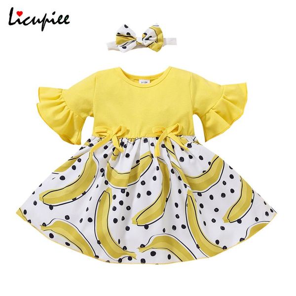

0-3 years 2 pcs infant summer outfits, baby girl fruit print flare sleeve round neck dress + bowknot headband girl's dresses, Red;yellow