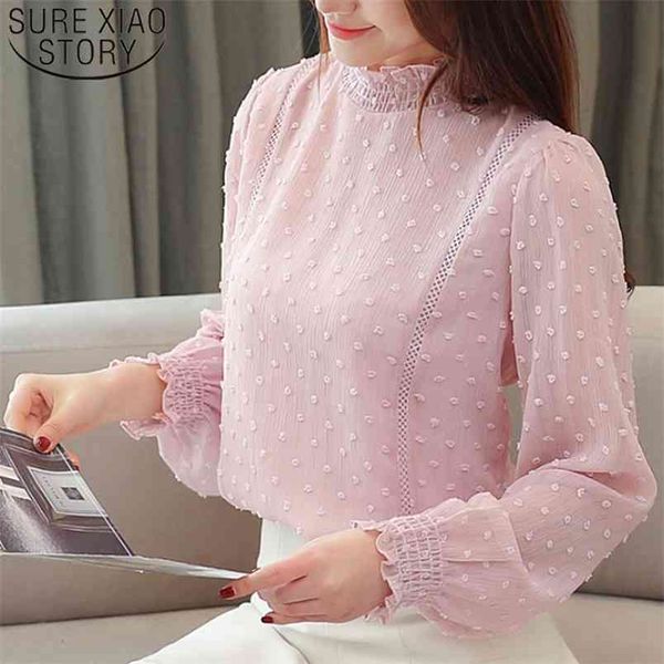 

fashion women chiffon blouses long sleeve casual embroidery elegant stand collar clothing 5401 50 210506, White