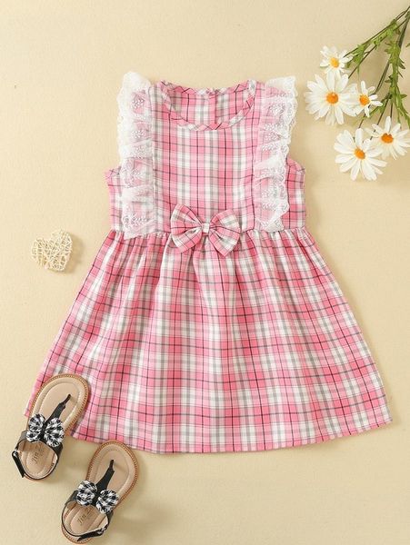 

toddler girls plaid print embroidery mesh bow front dress she, Red;yellow