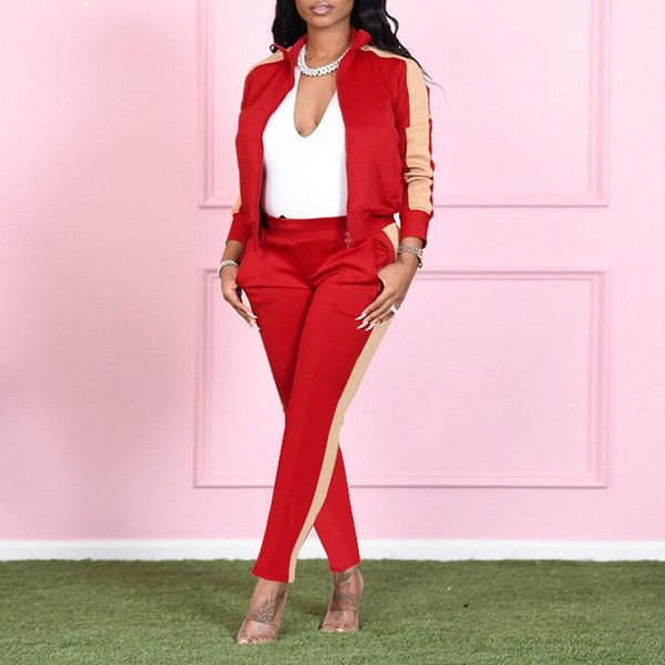 

women's two piece pants contrasting color patchwork sports suit lapel full-sleeved jacket and trousers casual two-piece spring autumn, White