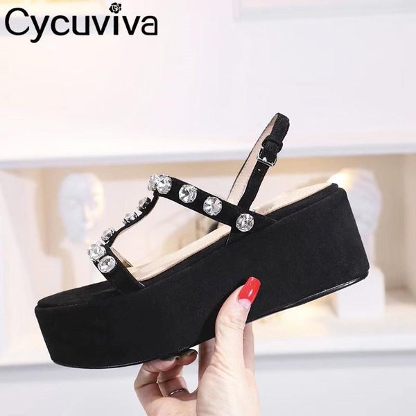 

thick bottom t-strap crystal sandals women black suede gemstone flat summer casual beach shoes zapatos de mujer