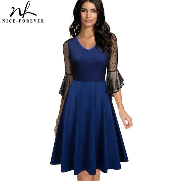 

nice-forever spring women retro trumpet sleeve with lace dresses cocktail party flare swing dress btya050 210419, White