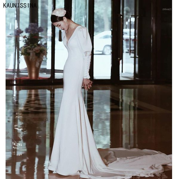 

other wedding dresses kaunissina long sleeves mermaid satin v-neck sweep train trumpet brides dress bridal gowns vestidos de noiva1, White