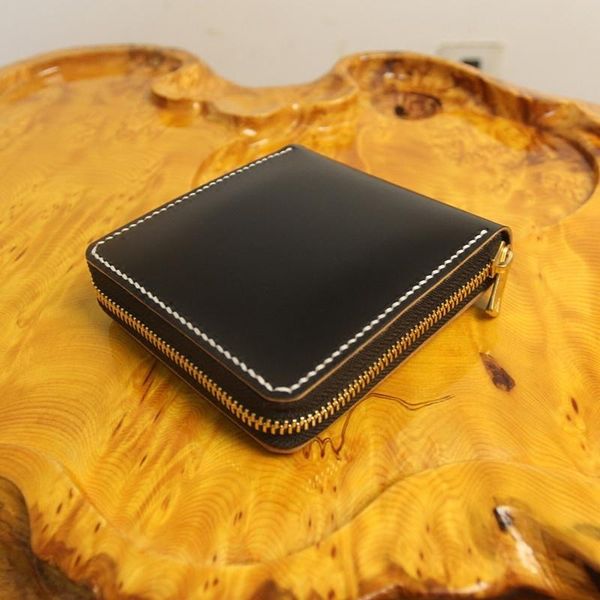 

imported hand-made short zipper wallets purses women men clutch vegetable tanned leather thin horseback skin card holder, Red;black