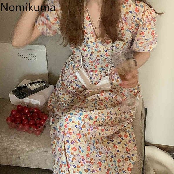 

nomikuma elegant vintage floral printed dresses v neck short sleeve summer dress women slim waist korean style vestidos mujer 210514, Black;gray