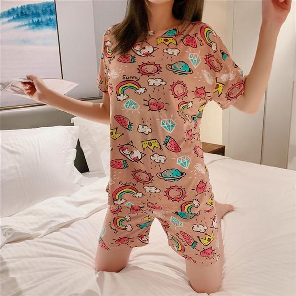 

fallsweet cartoon print pijama pajamas womens sleepwears set short sleeve pyjamas blue pink, Black;red