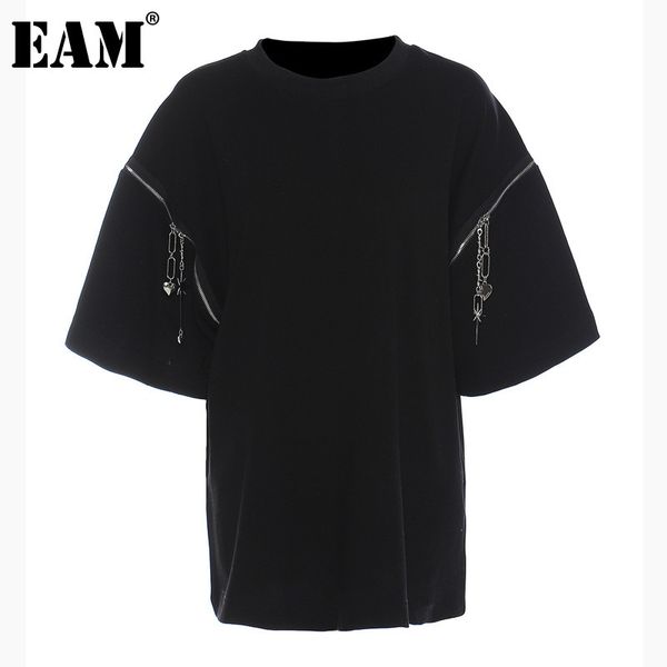 

[eam] women big size hollow out zipper casual t-shirt round neck three-quarter sleeve fashion spring summer 1dd7367 21512, White