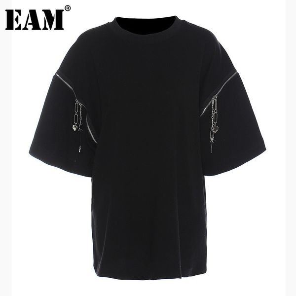 [Eam] mulheres grande tamanho oco out zipper casual t-shirt redondo pescoço três quartos manga moda primavera verão 1d7367 21512