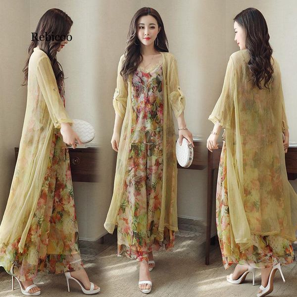 

women's tracksuits fashionable wide-leg pants suit woman summer autumn brand chiffon printed three-pieces sets, Gray