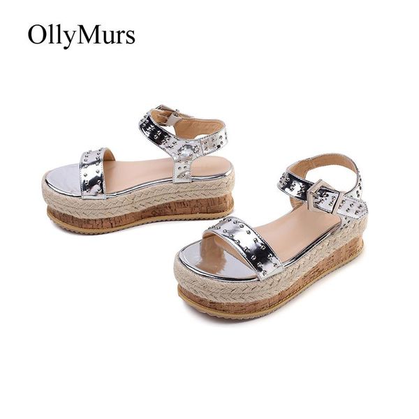 

shoes women wedges sandals rivets summer zapatos de mujer gold fashion brand sandalias silver chaussures femme buckle, Black