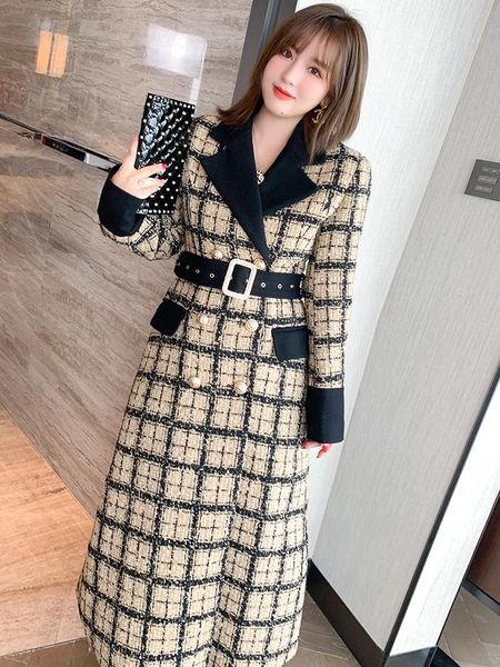 

restoring ancient ways suit lapel double-breasted tweed grid belt coat winter plus sizes large size women's two piece pants, White