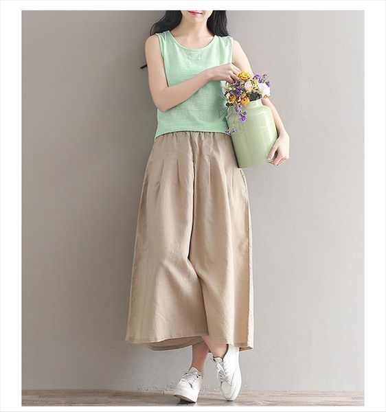 

linen width legs cotton womens capri good quality korean design cool summer wearing lady hakama, Black;white