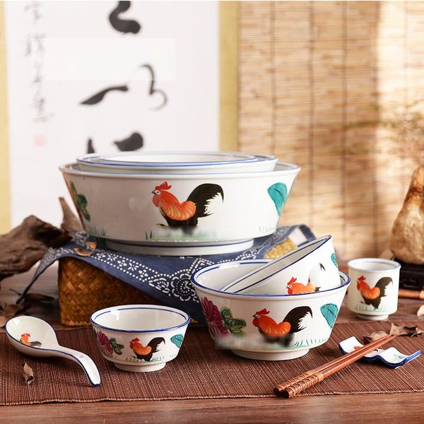 

bowls 4.5-12 inch household tableware dinnerware big red rooster pattern ceramic rice soup ramen bowl instant noodle fruit salad