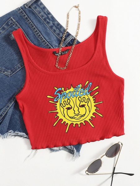 

letter and graphic print lettuce edge crop tank x75b#, White