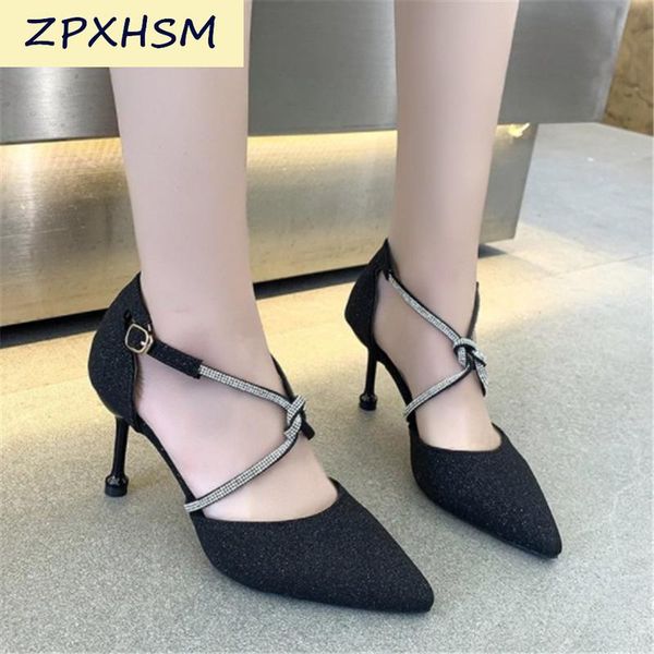 

summer women's pumps fashion vintage buckle rhinestone women sandals outdoor open toe pointed party dress shoes, Black