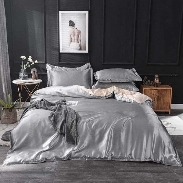 

bedding sets 3/4pc set solid color satin silk single double  king quilt cover fitted sheets pillowcase upscale duvet covers