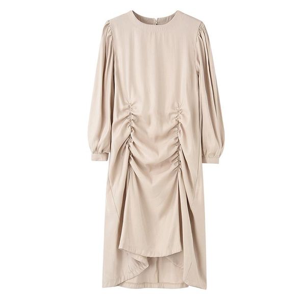 

casual dresses vsue women yellow apricot black o-neck lace-up dress 2021 spring long sleeve empire ruched asymmetrical midi d2255, Black;gray