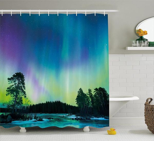 

shower curtains northern lights curtain sky over lake surrounded forest woods hemisphere print bath with hooks for bathroom