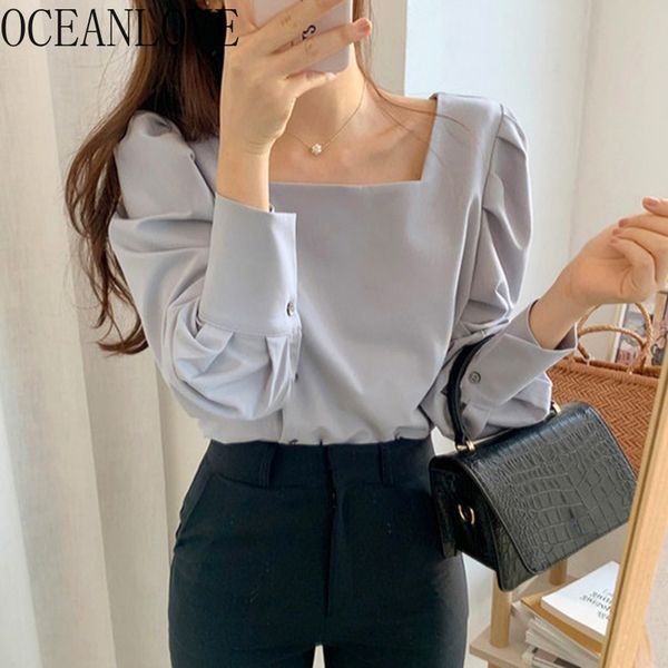 

korean chic chiffon blouse women solid simple fashion lantern sleeve shits spring square collar blusas mujer 15176 210415, White