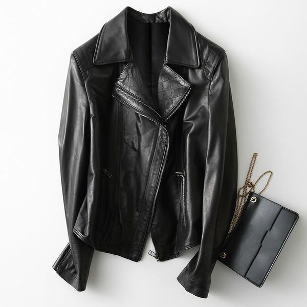 

women's leather & faux spring autumn genuine jacket women streetwear slim vintage sheepskin coat a038, Black