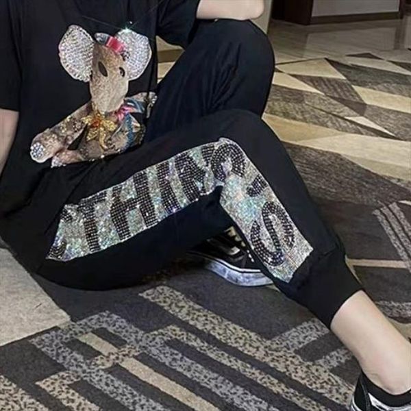 

autumn letter stitching harem womens pants harajuku color rhinestone loose sweatpants pantalon femme 108, Black;white