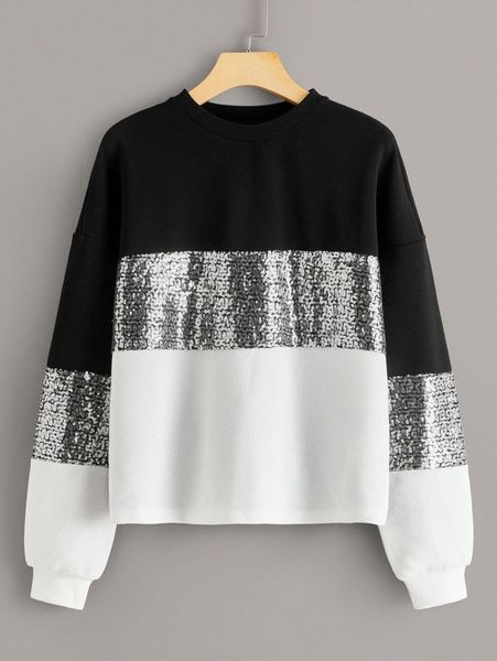 

contrast sequin cut-and-sew pullover 59ms#, White;black