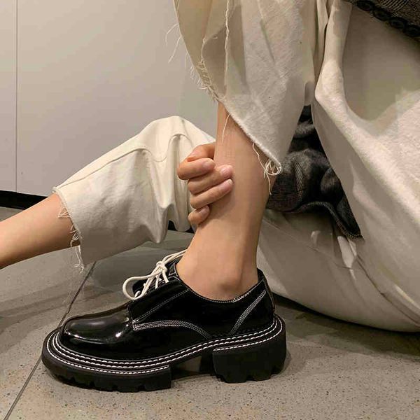 

dress shoes women's legitimate leather shoes with shoelaces, low-fitting round-platform made by hand size 34-42 for women spring/autumn, Black