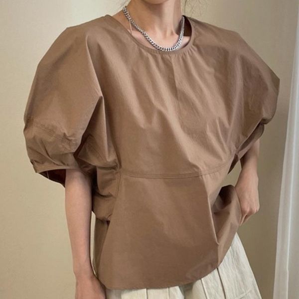 

women's blouses & shirts [ewq] korea chic casual trend women solid color pullover o neck loose fashion puff sleeve shirt summer 2021 16, White